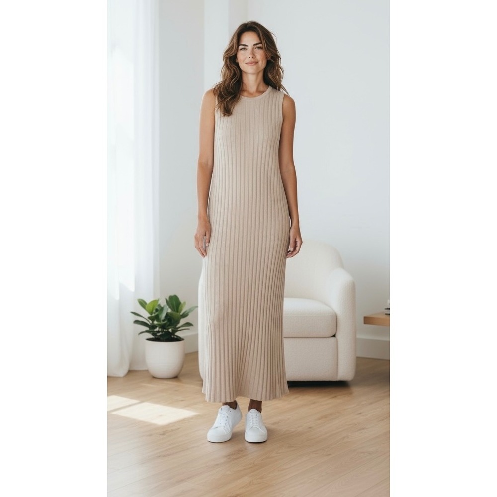 Bobbles &‎ Lace Ribbed Knit Maxi Dress Sleeveless Casual Everyday Neutral